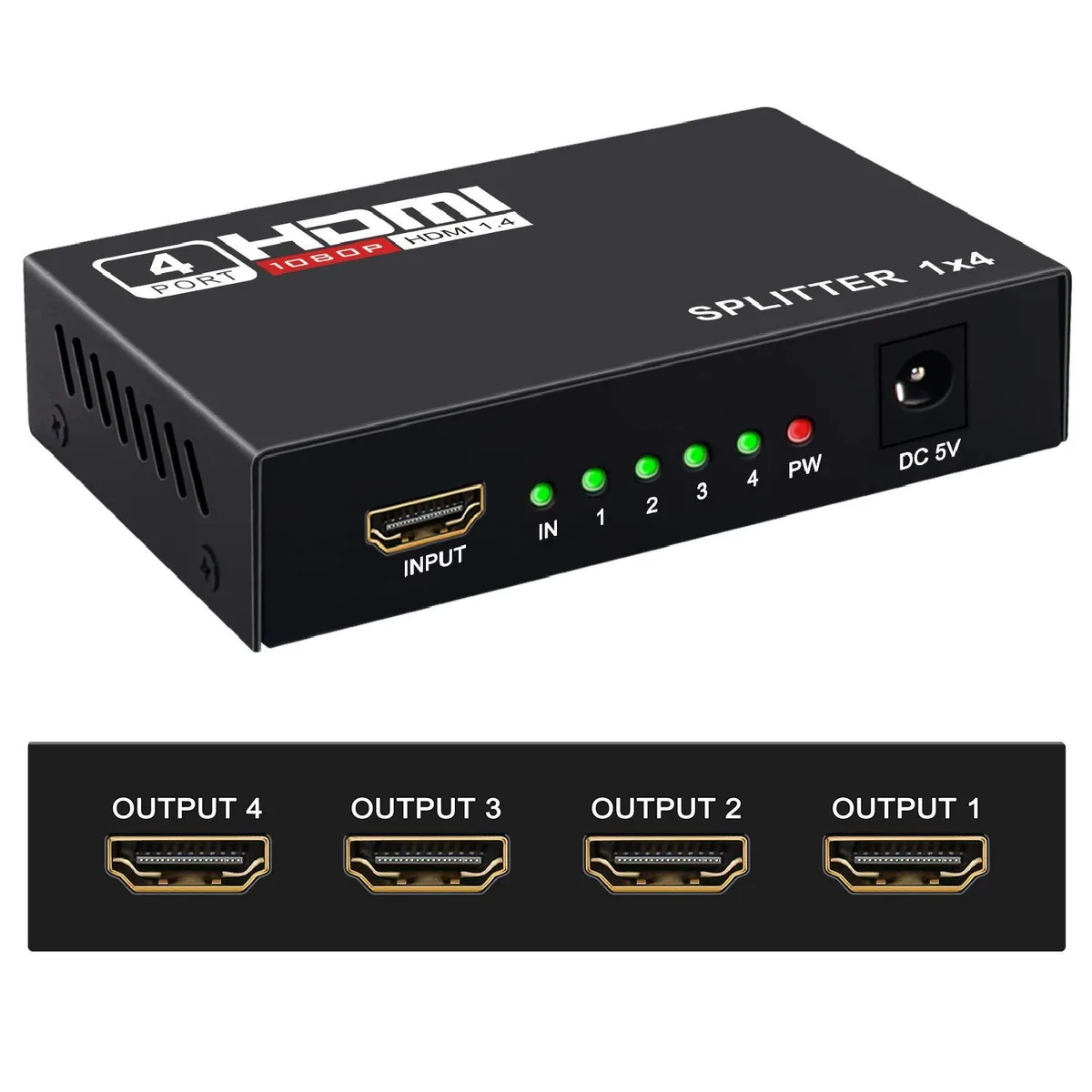 Black metal box, one input four output ports, small power adapter included