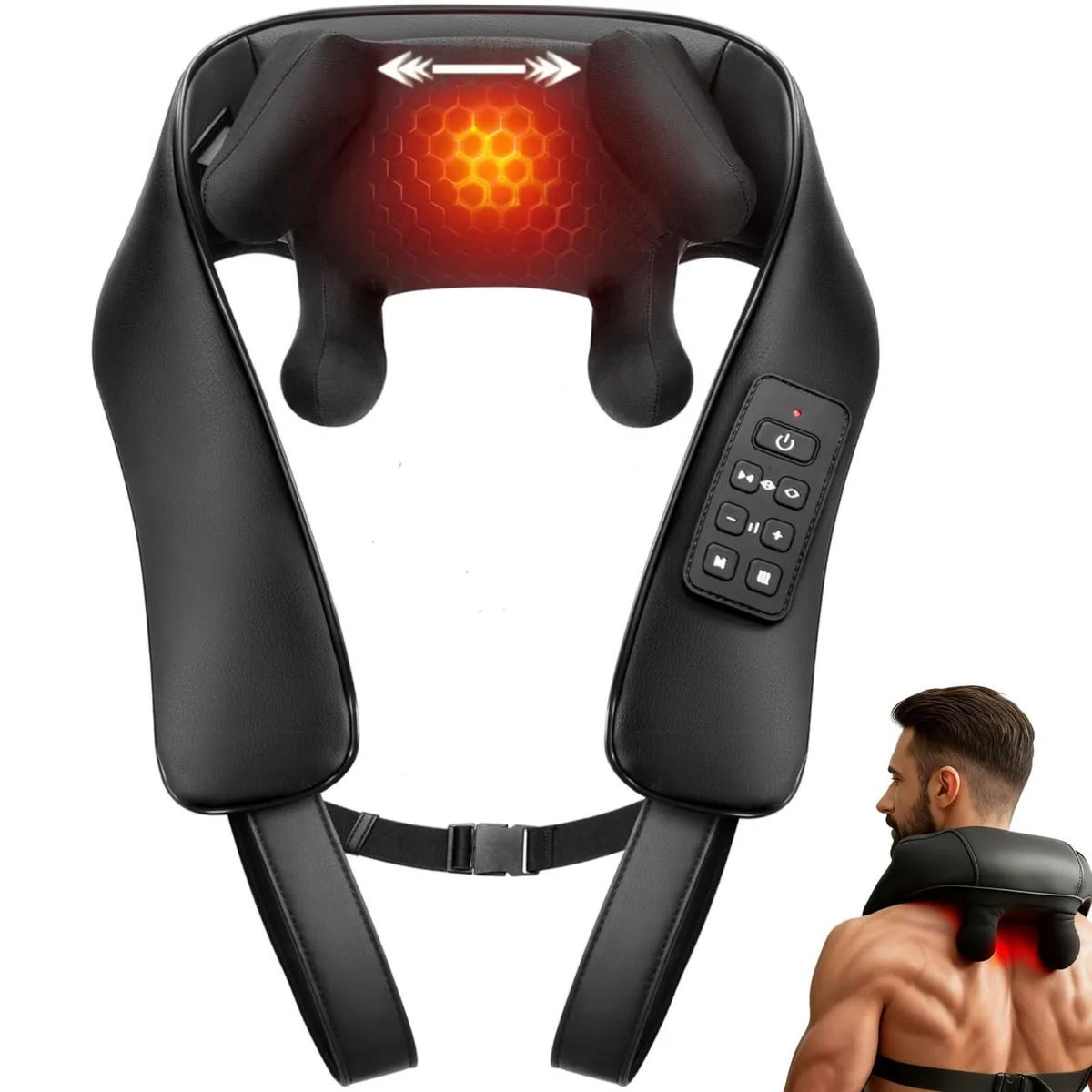 Black wrap-around neck massager in faux leather, adjustable width, battery powered