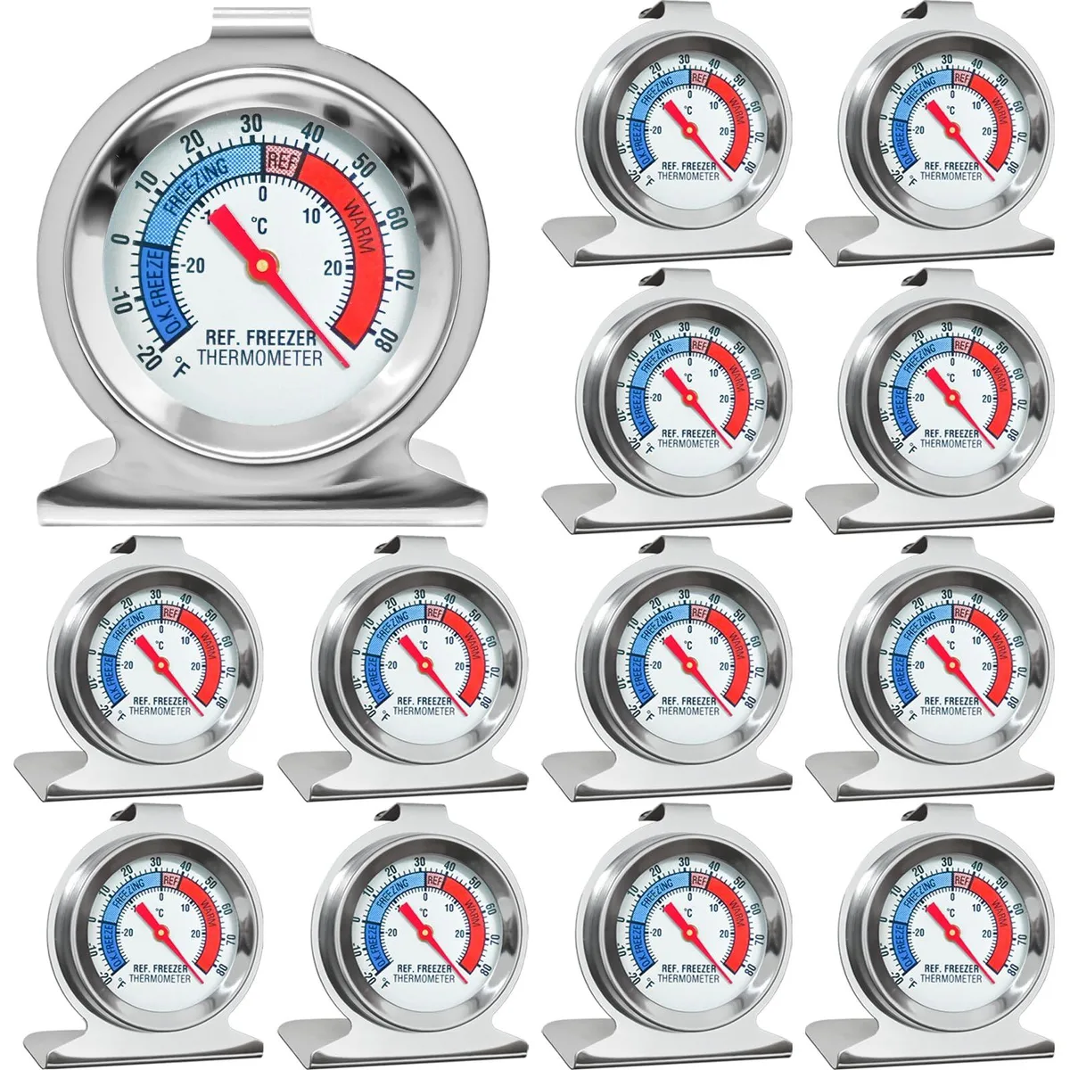 Twelve stainless steel dial thermometers in red and blue with large faces and hooks