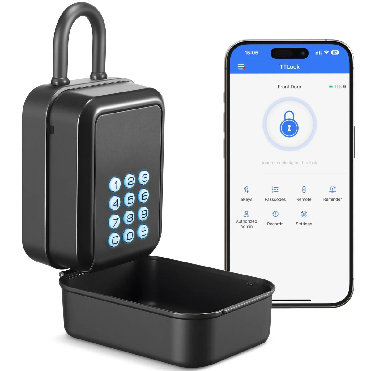 Black metal key lock box with removable shackle