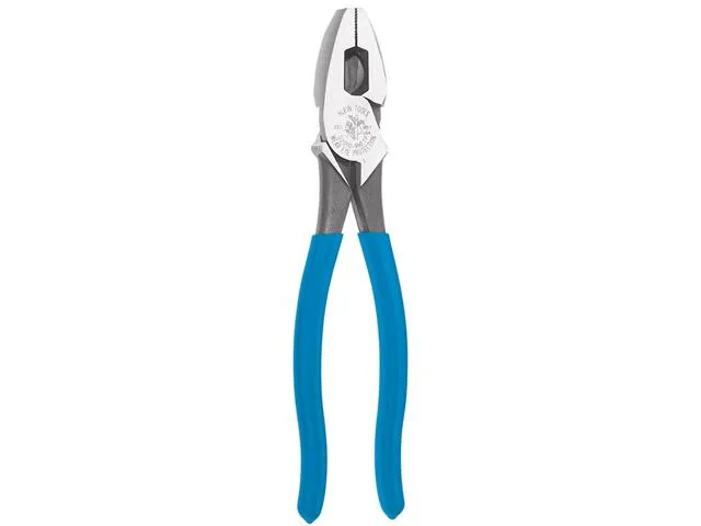 Nine-inch linesman pliers with plastic-dipped handles and knurled jaws