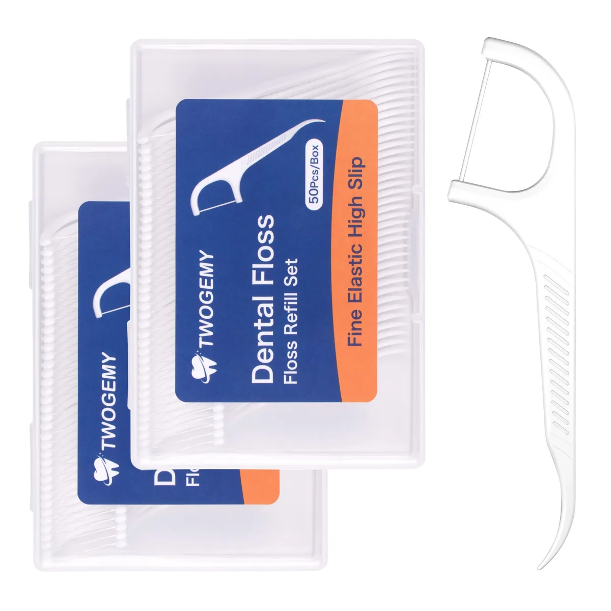 Clear travel case holding 100 orange floss picks with curved handles and pointed tips