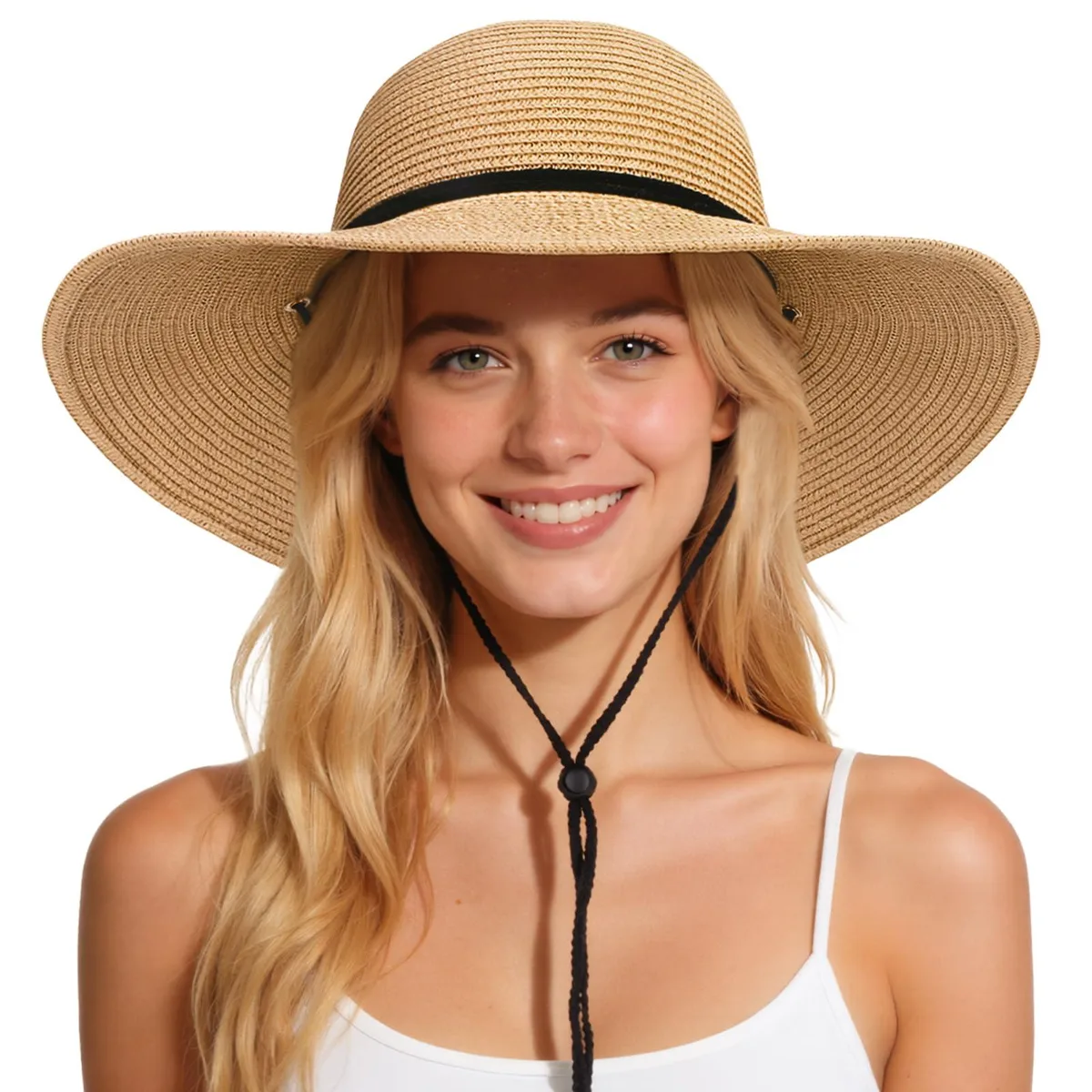 Sun Hats for Women Wide Brim Straw Hat UPF 50+ Black — product photo