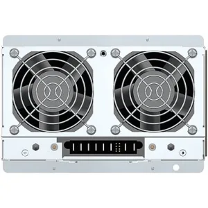 Rectangular silver metal power supply unit with ventilation grilles and rear connector panel