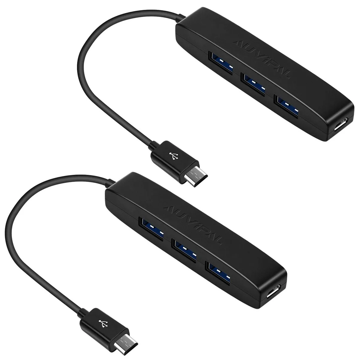 Two small black rectangular hubs each with three USB-A sockets and a micro-USB power port