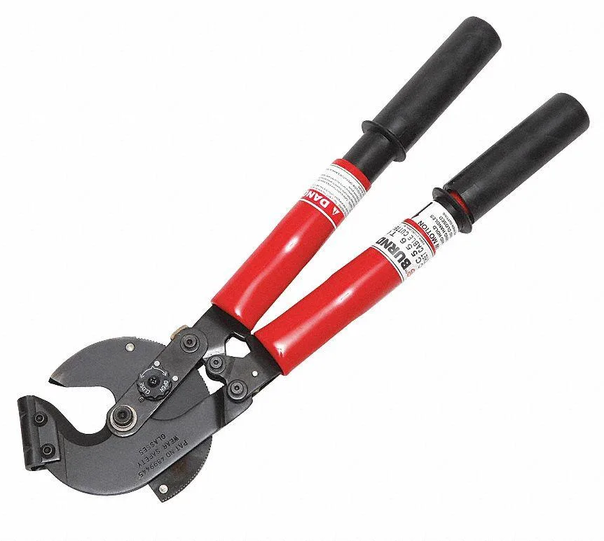 Yellow 20 inch ratchet cable cutter with fiberglass handles and center cut blade