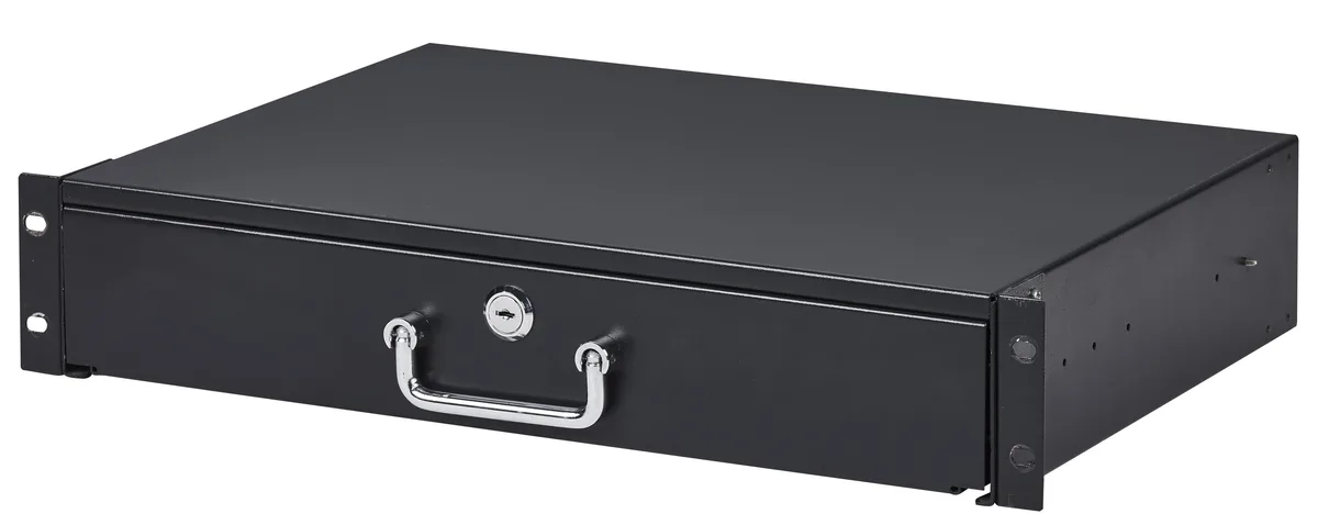 Black 2U 19-inch rack drawer with handle and lock, powder-coated steel front