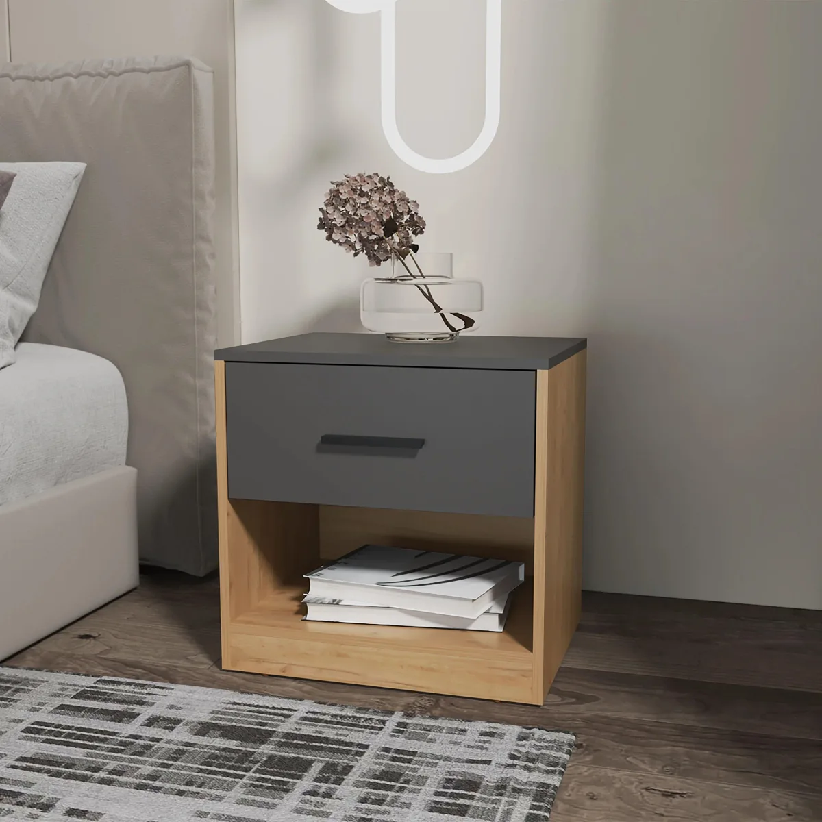 tuphen tuphen Natural Oak Matt Grey Nightstand 1 Drawer Bedroom Set 15.9 19.7 — product photo