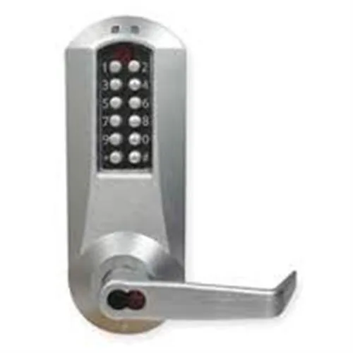 Satin chrome electronic pushbutton door lock with lever handle and keypad