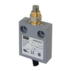 Small rectangular switch with vertical plunger actuator and side mounting stem