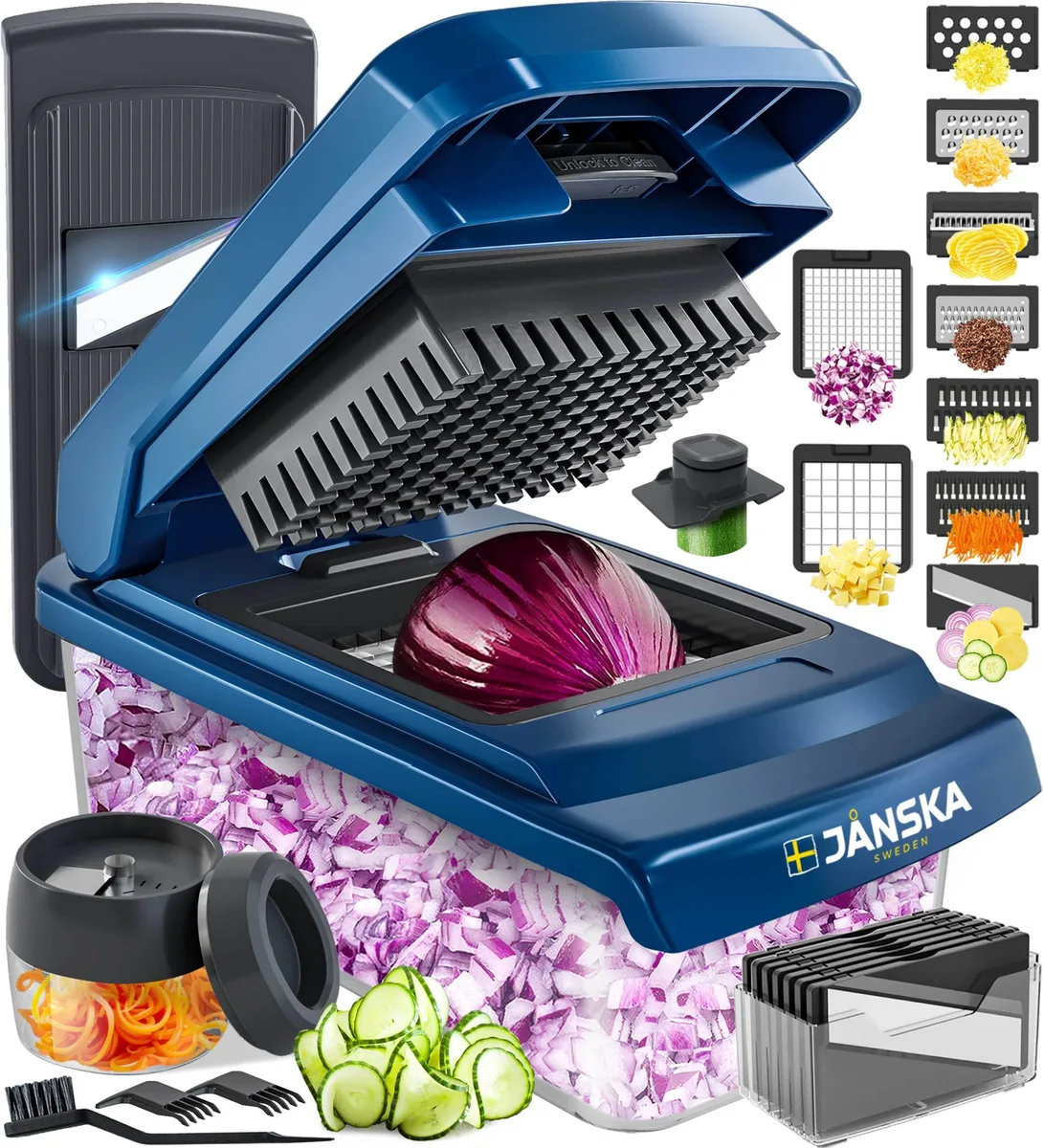 Blue compact food processor with multiple stainless steel blades and container