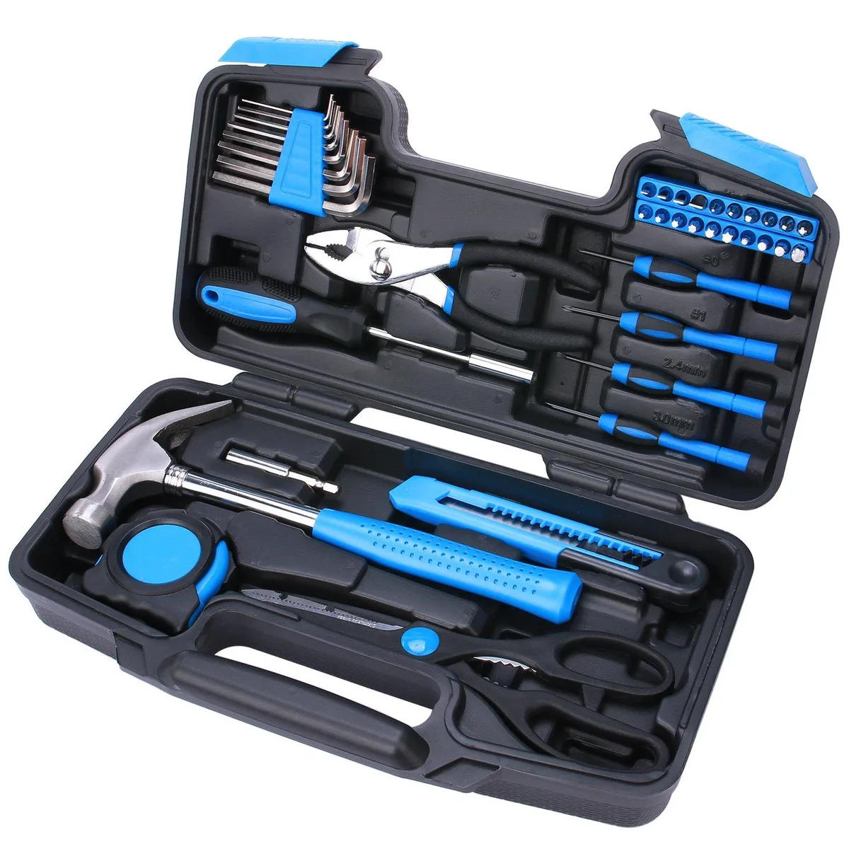 Compact black tool case holding 40-piece household kit with hammer, pliers, bits, hex keys, tape measure and utility knife