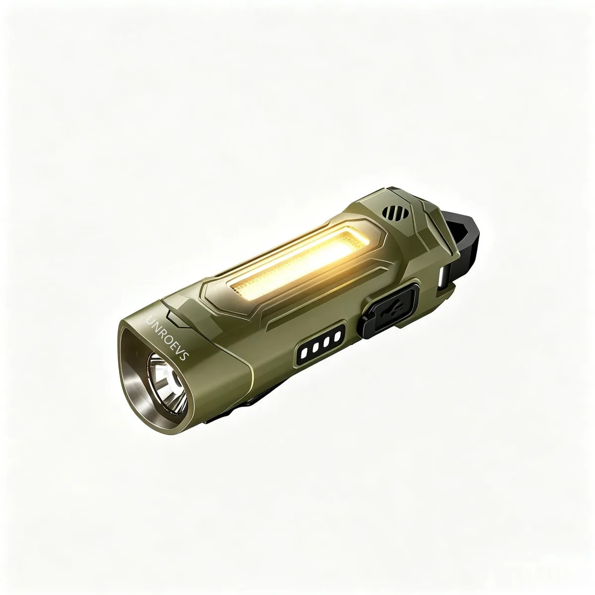 Small black cylindrical flashlight on keyring, magnetic base, 3.1 inches long, 350 lumen output