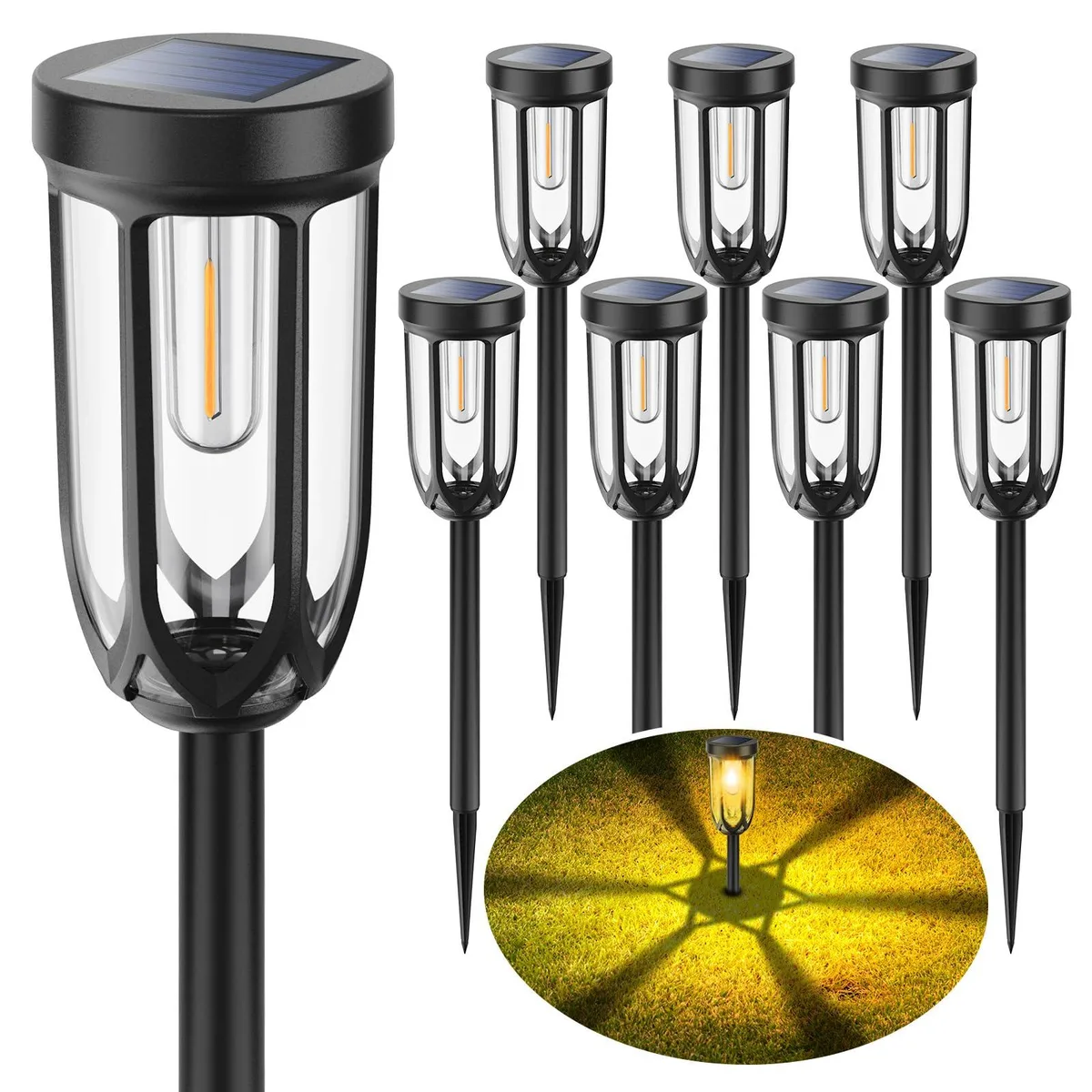 Eight warm-white solar path lights on 17.7in stakes, ABS lens, resin body, 1.252kg total