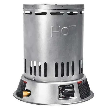 Compact cylindrical propane heater with piezo ignition, metal finish, carry handle, 12 inches tall