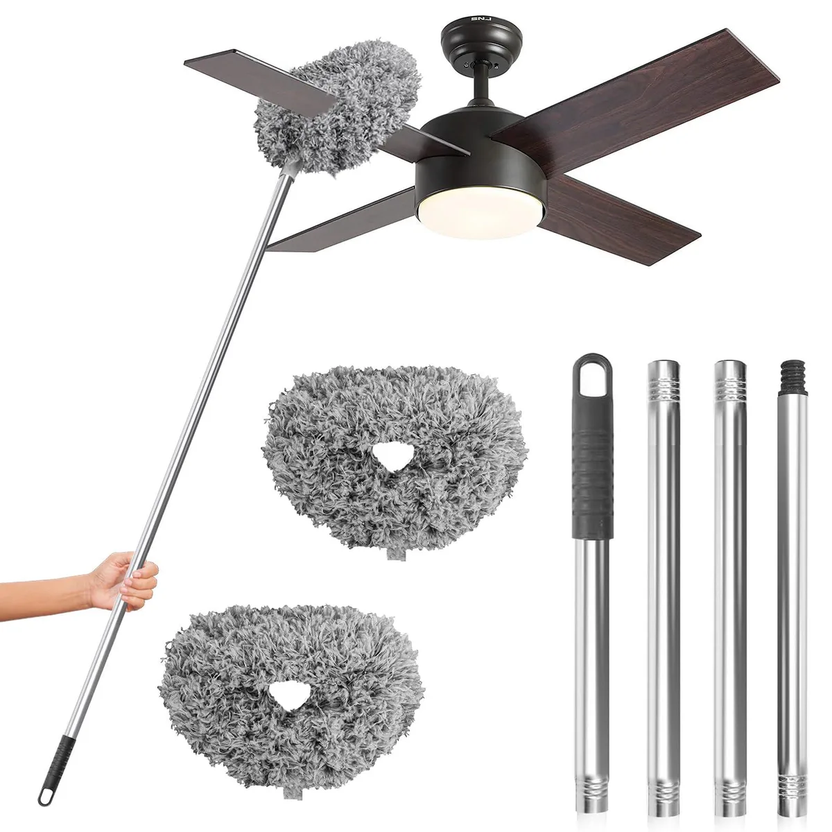 Grey two-pack microfiber ceiling fan duster with adjustable aluminium pole extended to 48 inches