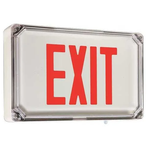 White aluminum LED exit sign with red letters
