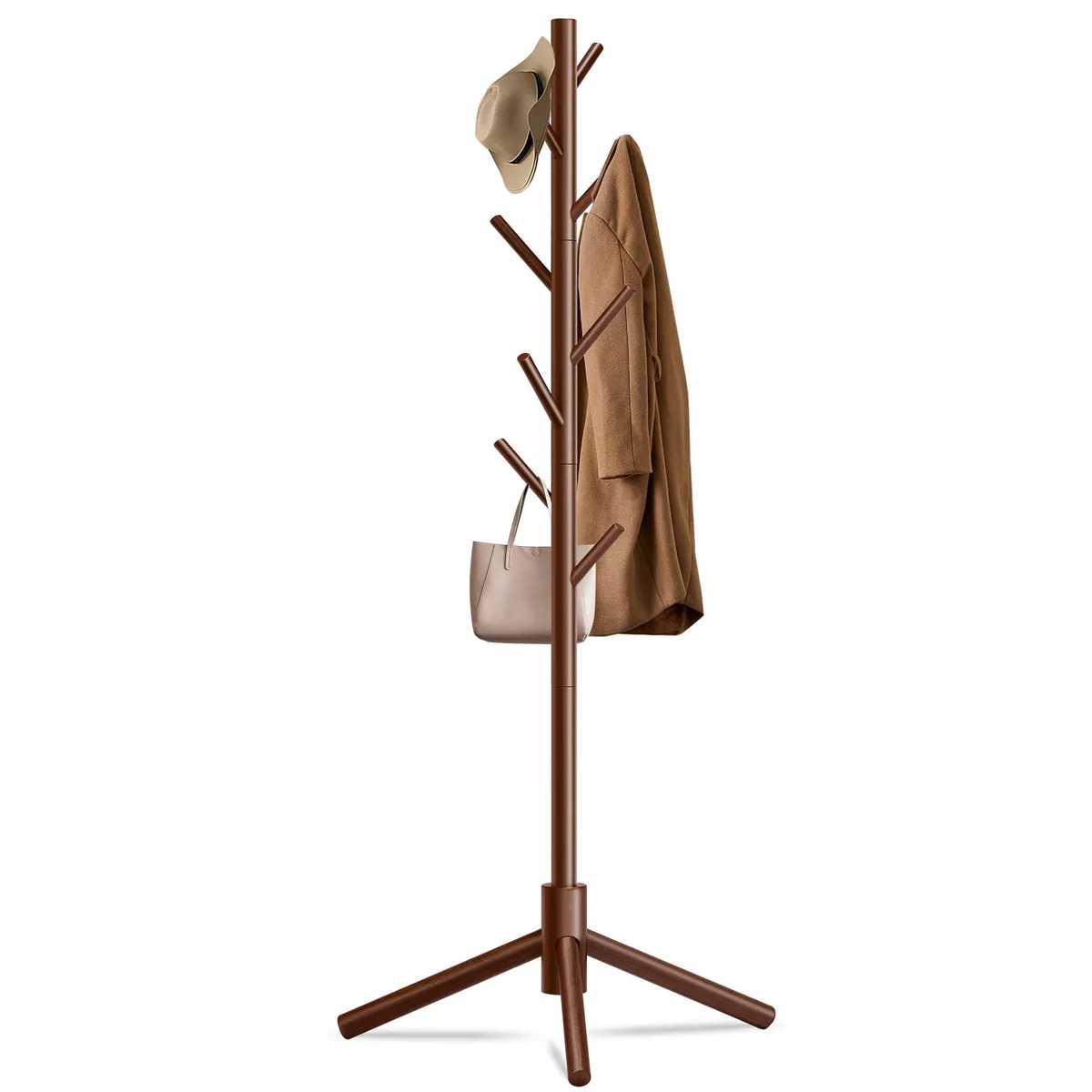 Freestanding wooden coat rack with eight hooks and triangular base, brown finish
