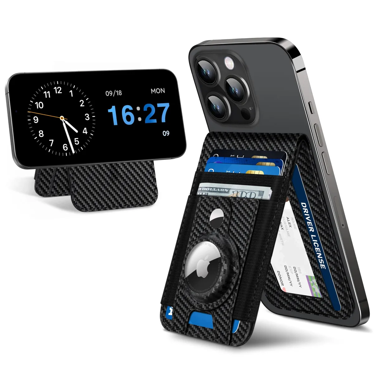  Viator Gear MagSafe Wallet Stand with AirTag Holder, 4200 Gs, 4 Slots, 10 Cards, RFID, Black Carbon Fiber — product photo