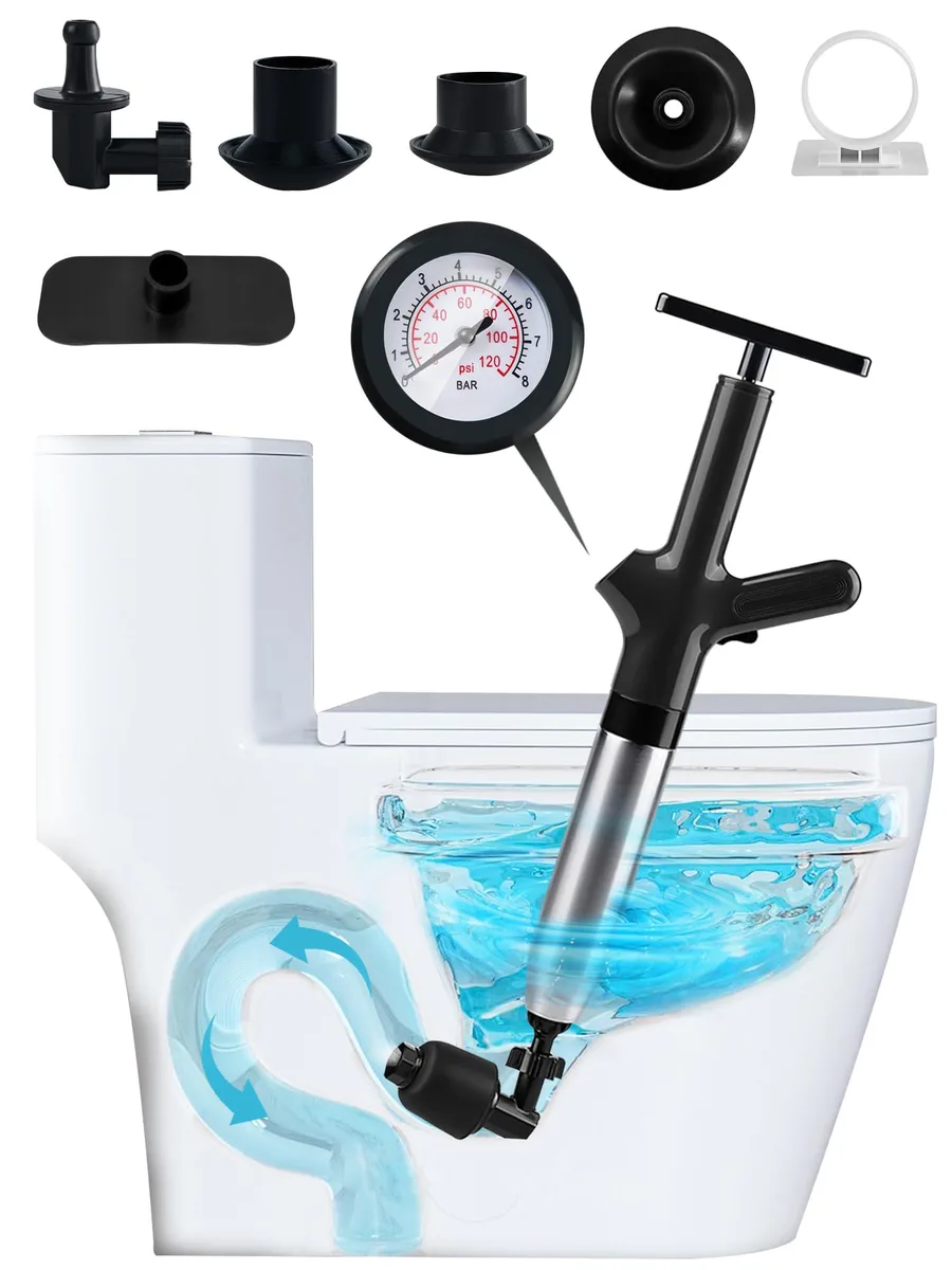 Stainless steel high-pressure drain unclogger with barometer, multiple heads, ABS handle, rubber spout