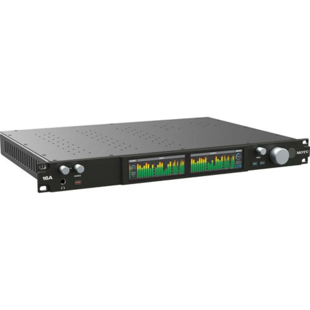 Silver rackmount audio interface with front panel controls and rear connections