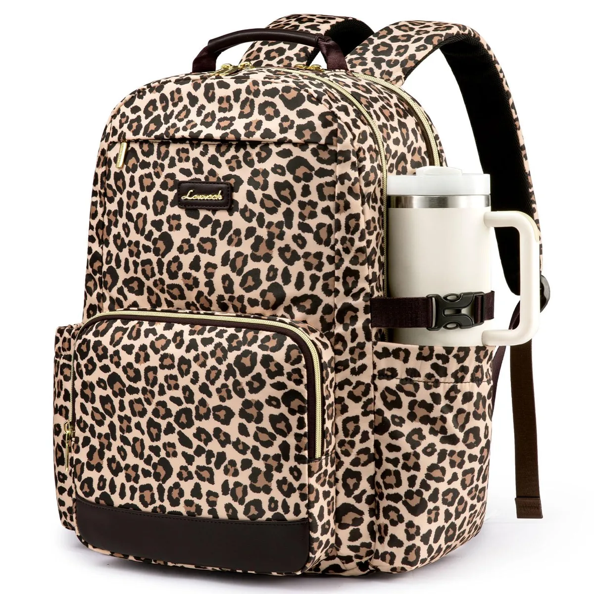 Beige leopard-print polyester laptop backpack with metal zippers and side cup pocket