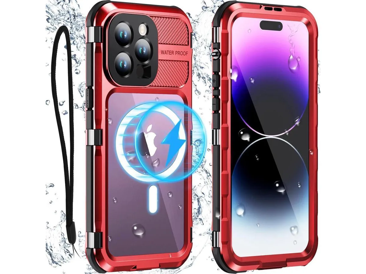 Red waterproof phone case with aluminum frame and built-in screen protector