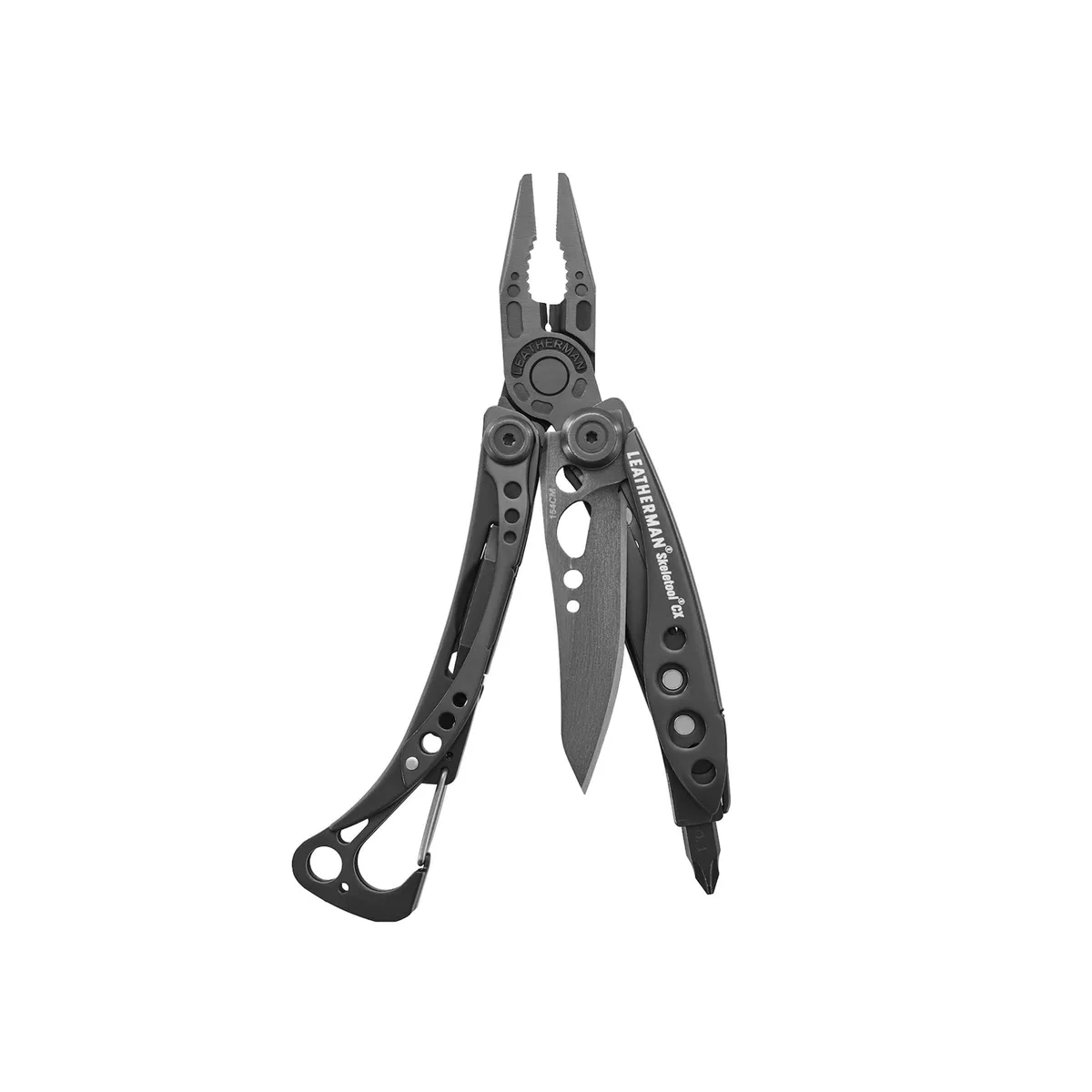 Black skeleton-frame multi-tool with pliers, knife blade and pocket clip