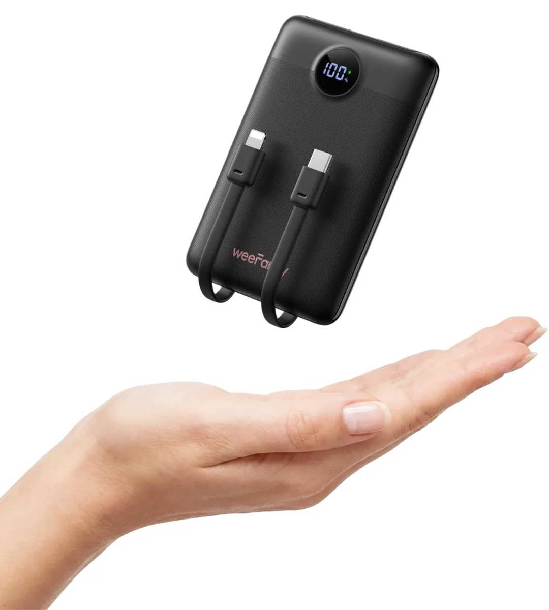 Black rectangular power bank with built-in Lightning and USB-C cables, slim profile