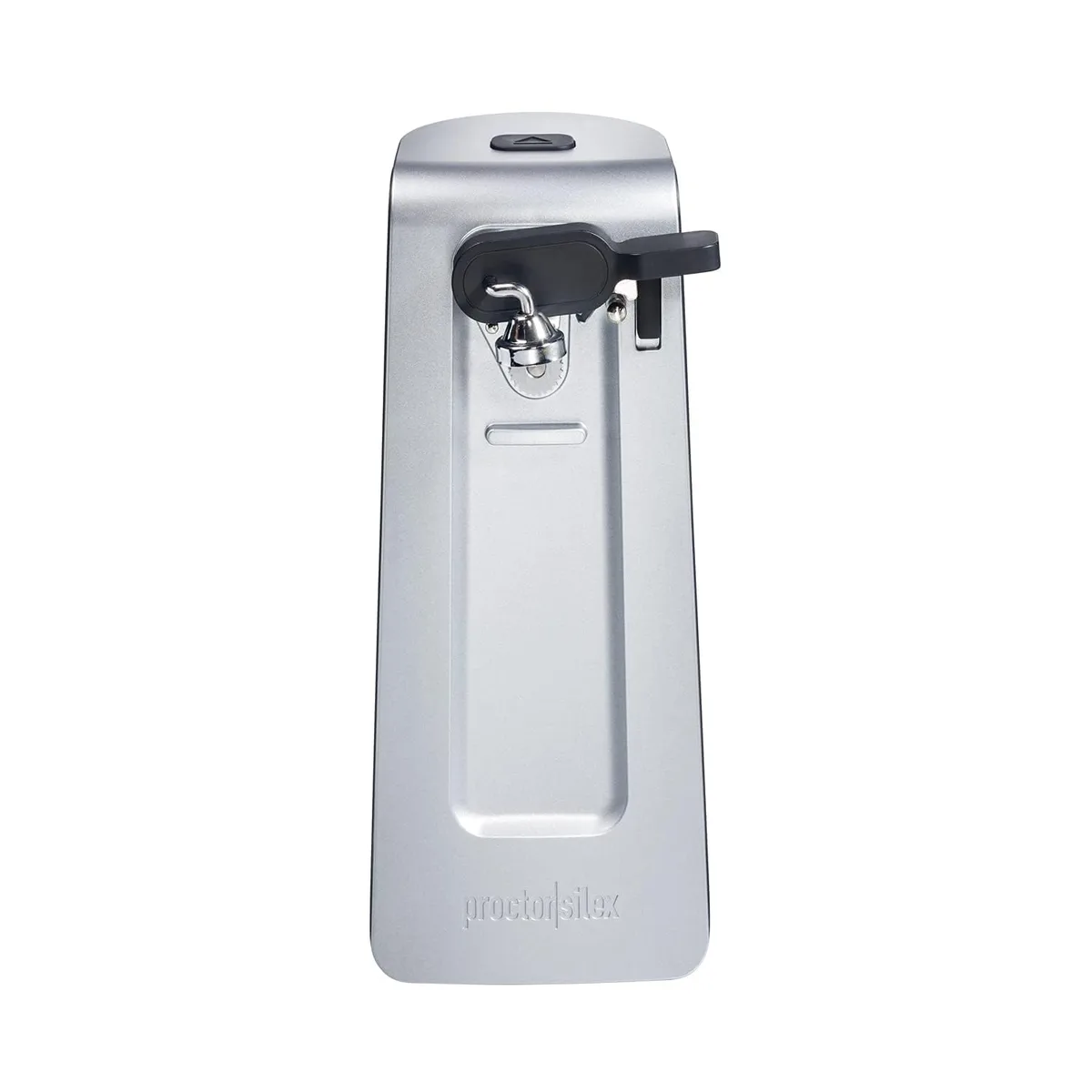 Silver electric can opener, tall plastic body, stainless blade, cord storage