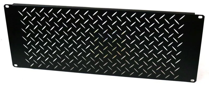 Black metal 19-inch rack panel with patterned ventilation holes