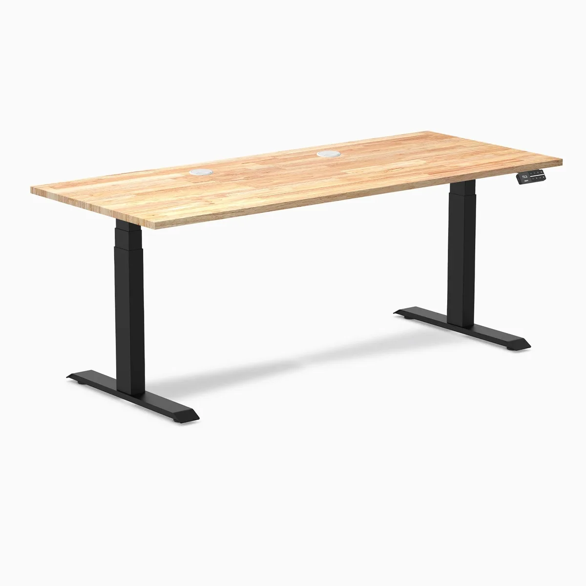 Desky Desky Dual Rubberwood Sit Stand Desk Natural Timber 72 x 30 inches Grommets Matte Black office furniture — product photo