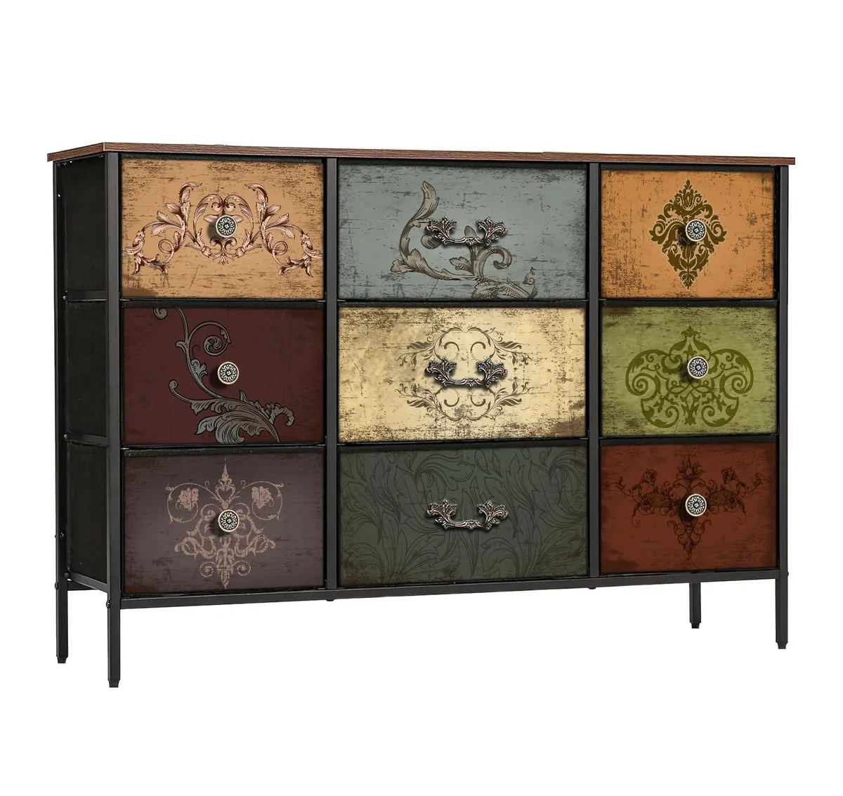 Wide rectangular dresser with nine fabric drawers in a printed floral pattern, black steel frame and dark wood top