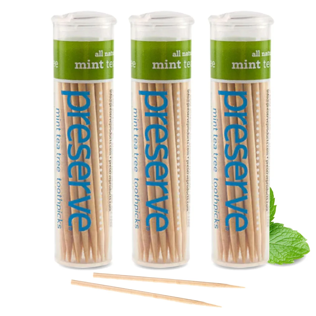 Three small recycled-plastic canisters holding birch wood toothpicks