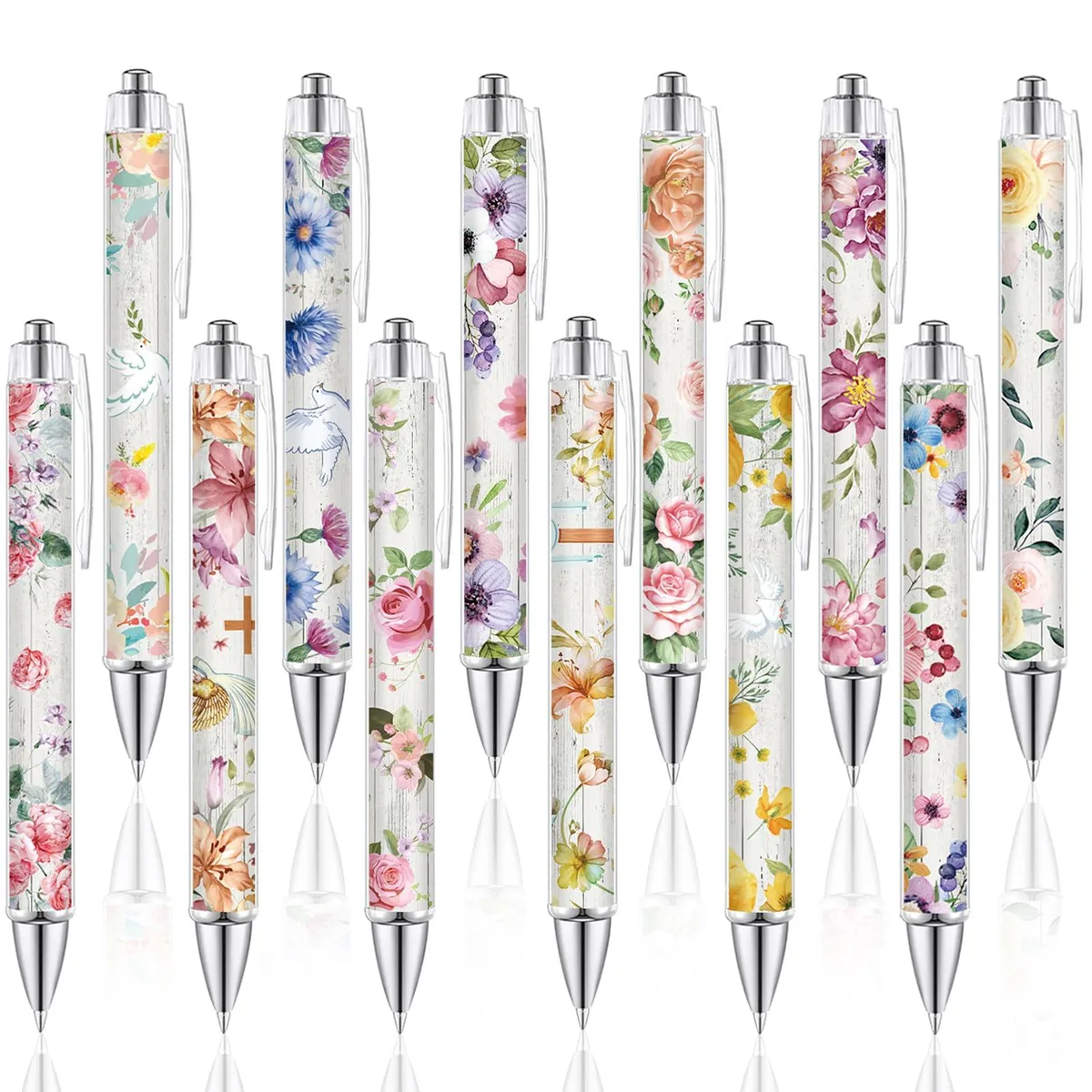 Twelve floral ballpoint pens in a box, black ink, 14 cm long