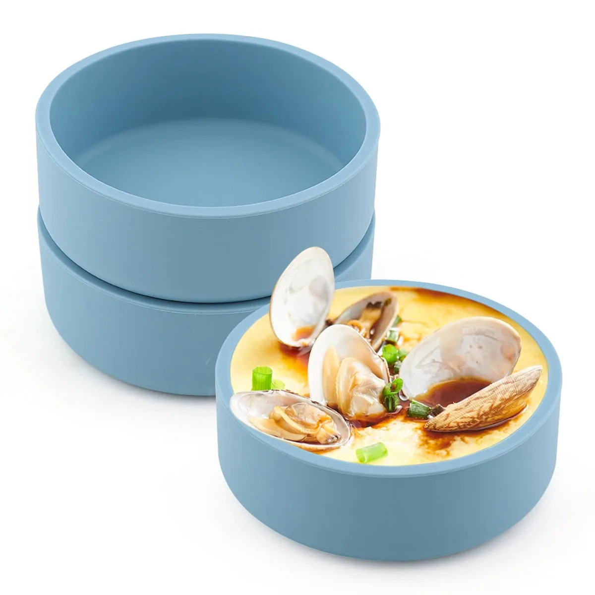 Three blue silicone egg molds, round cups 3.94 in wide by 1.38 in tall