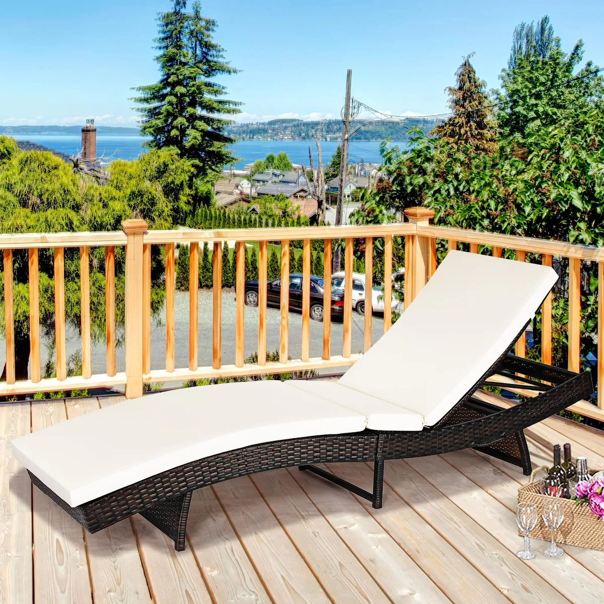White PE wicker chaise lounge with thick cushion, low steel frame, adjustable backrest