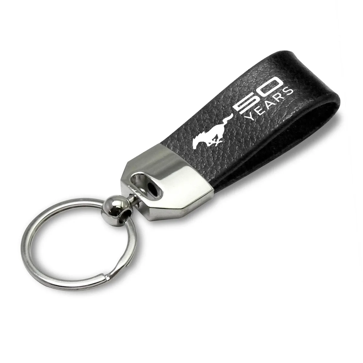 Genuine black leather loop strap key chain with chrome metal block and Ford Mustang 50 Years logo