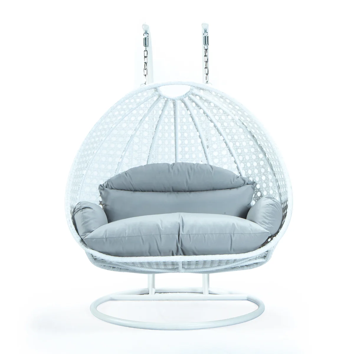 LeisureMod LeisureMod White Wicker Double Hanging Egg Swing Chair Light Grey patio furniture — product photo