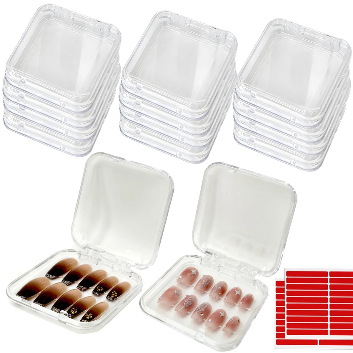 Fourteen clear acrylic nail boxes and sixty double-sided tapes in transparent packaging