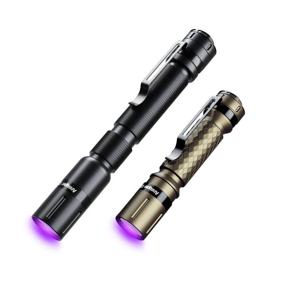 Two slim black aluminum UV penlights with pocket clips, 395 nm LED, each about five inches long