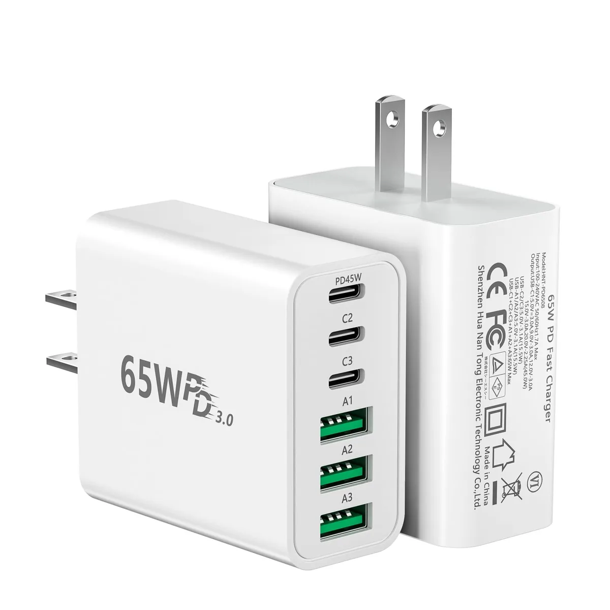 Two white rectangular wall chargers each with three USB-C and three USB-A ports