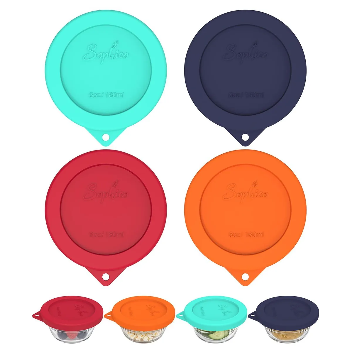 Four round silicone lids in mixed colours, flat with a small hanging hole