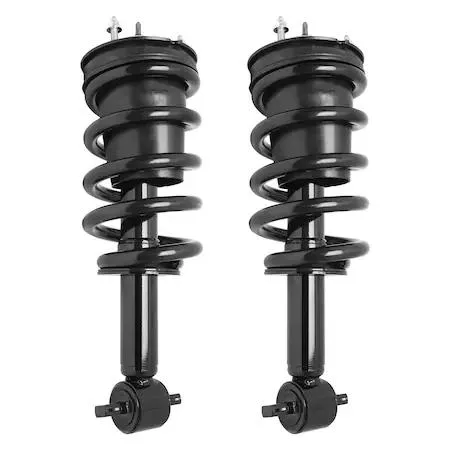 Pair of silver front strut assemblies with coil springs and top mounts