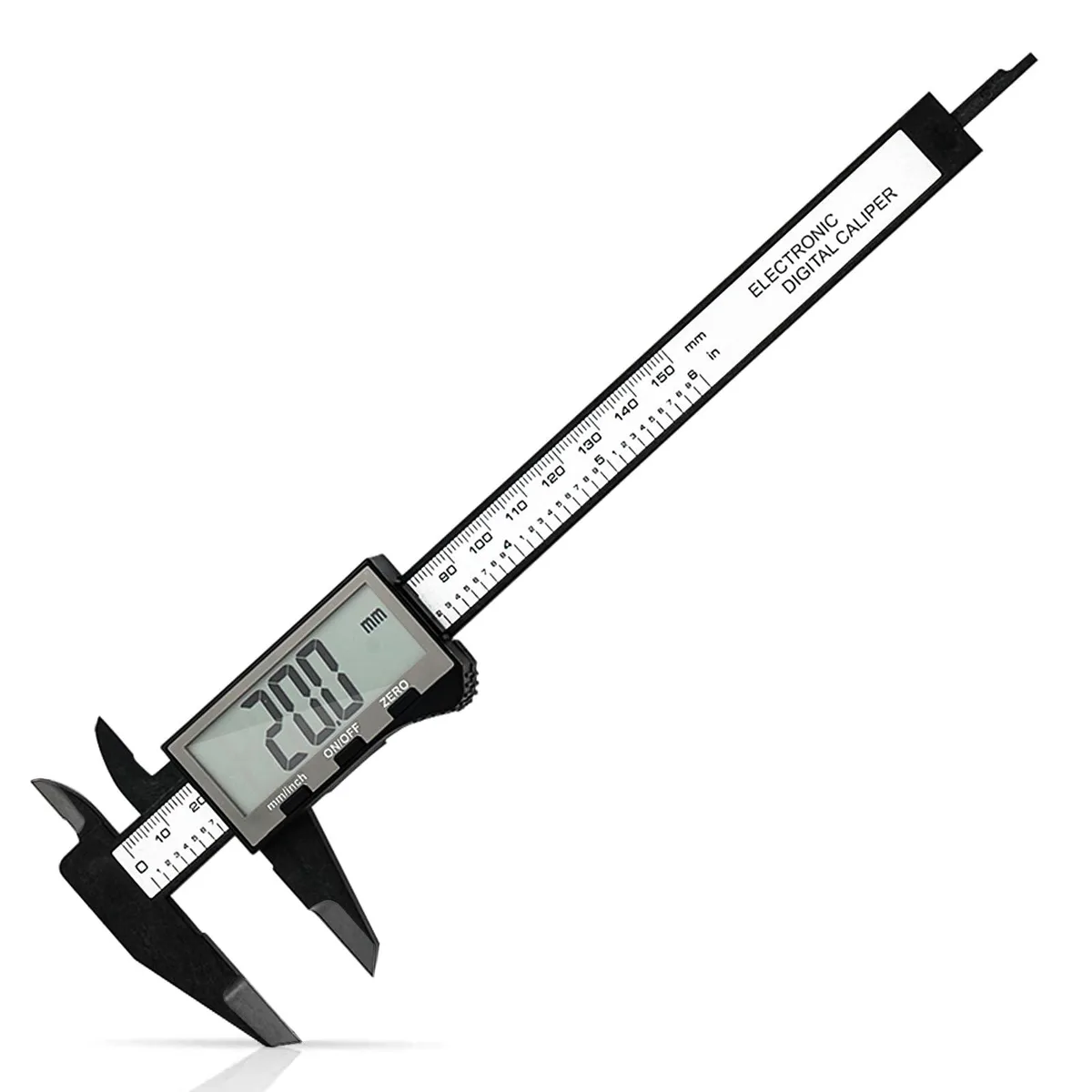 White carbon-fibre digital caliper with 1.9 inch LCD screen and 150 mm range