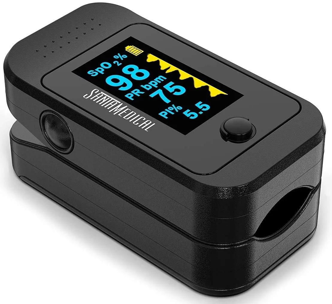 Small white fingertip pulse oximeter with OLED screen, lanyard and case