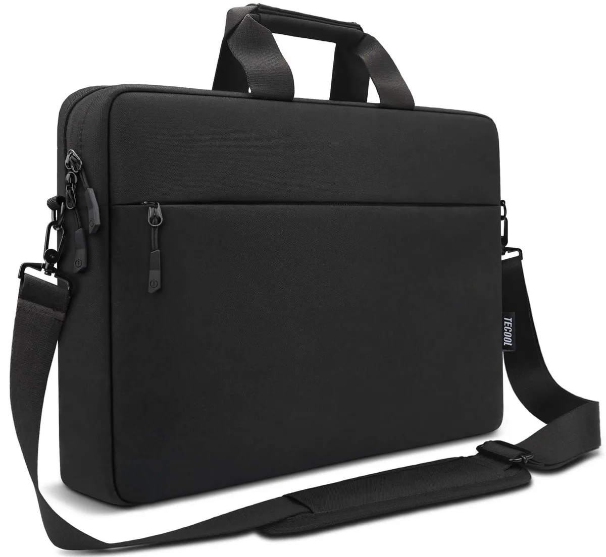Black rectangular messenger-style laptop bag with top handles, detachable shoulder strap, front zip pocket and smooth zippers