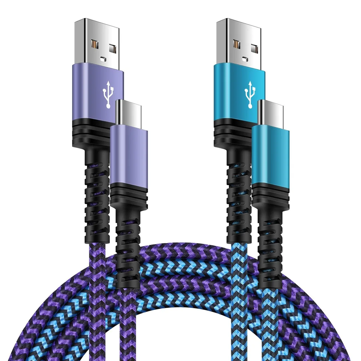 Two purple and blue braided USB-C cables coiled together, each six feet long with male connectors on both ends