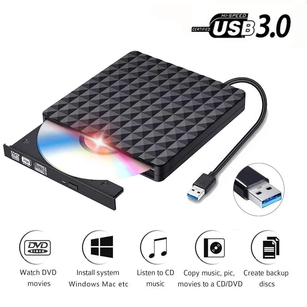 Black rectangular external DVD burner with diamond-patterned top and USB 3.0 cable