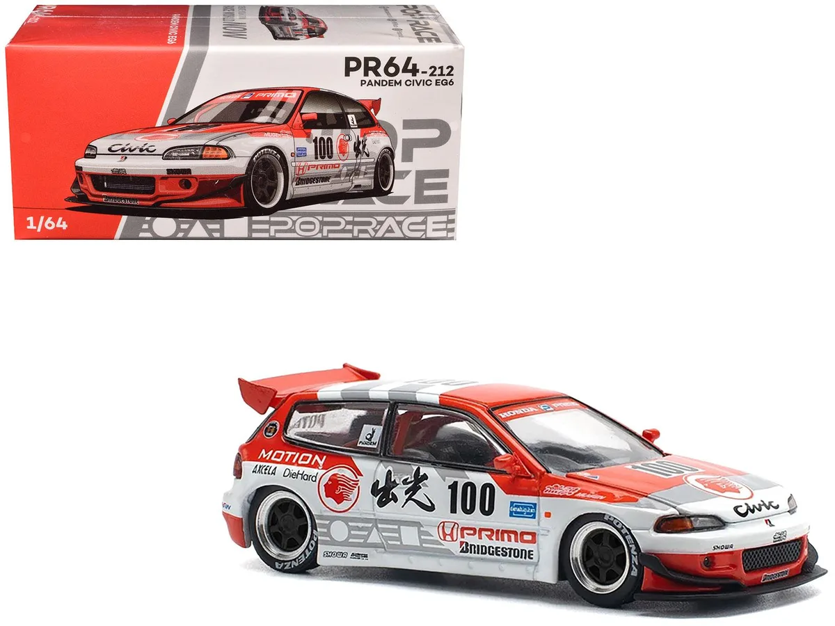 Pop Race Pop Race Pandem Civic EG6 V1.5 RHD #100 Idemitsu Motion Infinite White Red 1/64 Diecast Hobby Collectible — product photo